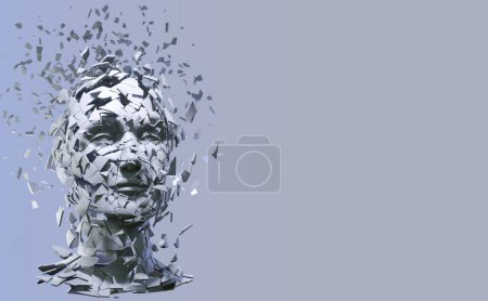 Exploded Human Head Isolated on Grey 3D illustration. Mental Health Awareness. Anxiety, Depression, Stress, Disorder, Confusion. 