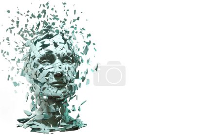 Explodierter menschlicher Kopf isoliert auf weißer 3D-Illustration. Bewusstsein für psychische Gesundheit. Angst, Depression, Stress, Unordnung, Verwirrung. 