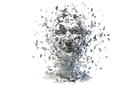 Cabeza humana de yeso explotado aislada en la ilustración 3D blanca. Sensibilización sobre la salud mental. Ansiedad, depresión, estrés, desorden, confusión. 