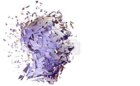 Exploded Plaster Human Head Isolated on White 3D illustration. Mental Health Awareness. Anxiety, Depression, Stress, Disorder, Confusion. Violet, purple.