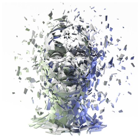 Exploded Plaster Human Head Isolated on White 3D illustration. Mental Health Awareness. Anxiety, Depression, Stress, Disorder, Confusion. 