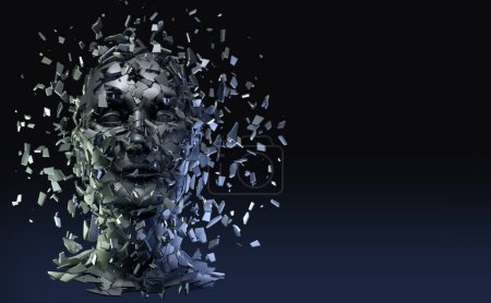 Exploded Plaster Human Head Isolated on Black 3D illustration. Mental Health Awareness. Anxiety, Depression, Stress, Disorder, Confusion. 