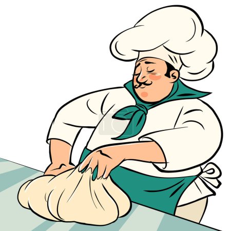 Illustration for Chef man kneading dough, cooking cooking restaurant baking bread product. Comic cartoon pop art retro illustration hand drawing - Royalty Free Image