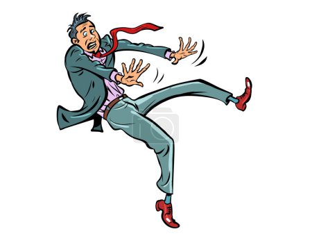 Illustration for The man falls. The businessman barely stands on one leg. Inertia. slippery floor, disaster Comic cartoon pop art retro vector illustration hand drawing - Royalty Free Image