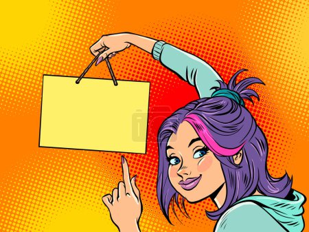 Illustration for Young woman hangs up a blank template sign. announcement information advertising. Comic cartoon style kitsch vintage hand drawn illustration - Royalty Free Image