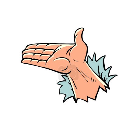 Téléchargez les illustrations : A mans outstretched palm. asking for help, poverty and charity. Empty hand presentation gesture. Comic cartoon hand illustration retro style - en licence libre de droit