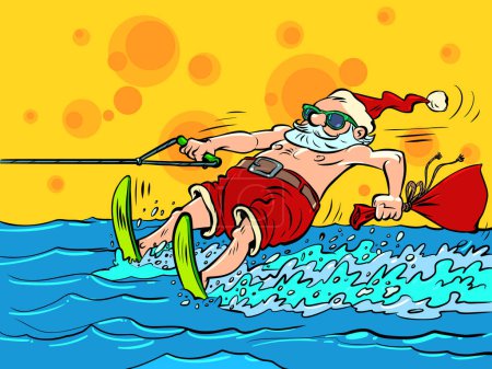Illustration for Santa Claus relaxing at a seaside resort. Man water skiing. New Year and Christmas. Comic cartoon retro vintage handmade drawing illustration - Royalty Free Image