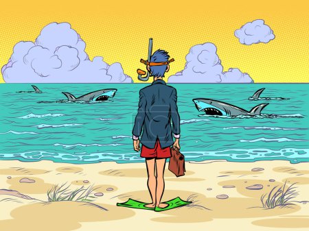 sharks in the water, a businessman in a scuba mask is preparing to dive, standing on the seashore of the ocean. Comic cartoon vintage retro hand drawing illustration