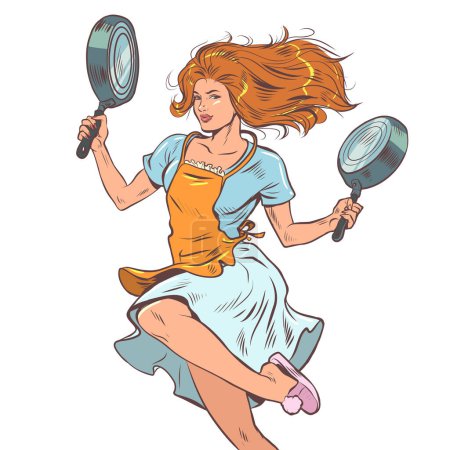 A girl with red hair carries frying pans. Choice between products. Dishes for the home, everything for cooking. Comic cartoon pop art retro vector illustration hand drawing