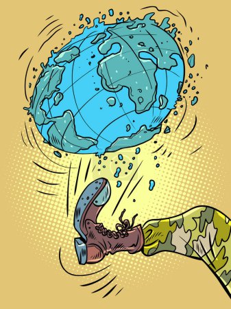 Téléchargez les illustrations : A threat to the entire world. The militarization of countries and the deterioration of the ecological situation of the Earth. A military soldier kicks the planet. Comic cartoon pop art retro vector - en licence libre de droit