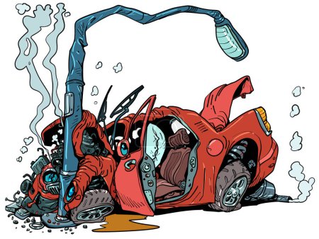 Das rote Auto prallte gegen einen Laternenpfahl. Verkehrsunfall. Fragen der Verkehrssicherheit. Comic Cartoon Pop Art Retro Vektor Illustration Handzeichnung