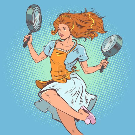 Illustration for A girl with red hair carries frying pans. Choice between products. Dishes for the home, everything for cooking. Comic cartoon pop art retro vector illustration hand drawing - Royalty Free Image