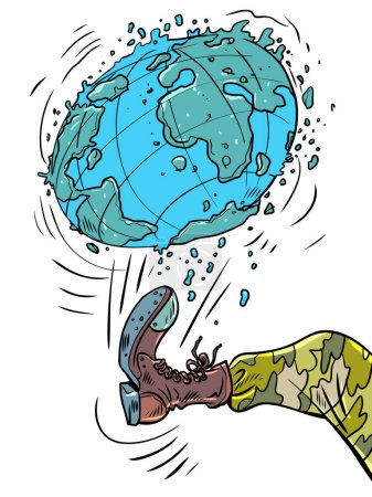 Illustration for A threat to the entire world. The militarization of countries and the deterioration of the ecological situation of the Earth. A military soldier kicks the planet. On a white background. Comic cartoon - Royalty Free Image