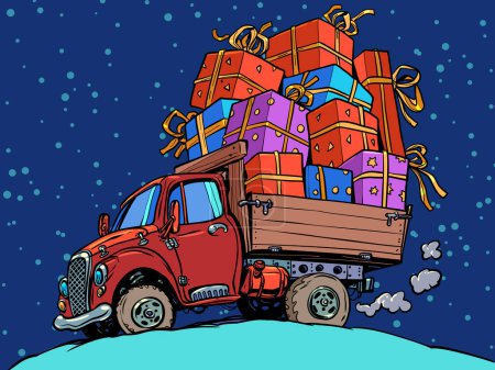 Téléchargez les illustrations : Livraison de cadeaux dans le monde entier pour le Nouvel An. Rennes modernes du Père Noël. Voiture rouge avec un tas de cadeaux contre un ciel bleu avec des flocons de neige. BD dessin animé pop art rétro vectoriel illustration dessin à la main - en licence libre de droit