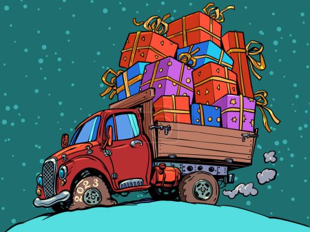 Téléchargez les illustrations : Livraison de cadeaux dans le monde entier pour le Nouvel An. Rennes modernes du Père Noël. Voiture rouge avec un tas de cadeaux sur fond de ciel émeraude avec des flocons de neige. BD dessin animé pop art rétro vecteur - en licence libre de droit