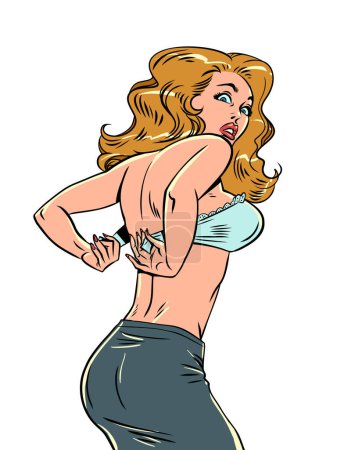 Illustration for Hasty morning of an office worker. The blonde is trying to put on a bra. Lingerie shop for girls. Comic cartoon pop art retro vector illustration hand drawing. On a white background - Royalty Free Image
