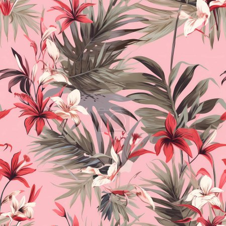 Vibrant tropical pattern of palm leaves and flowers on a pink background, evoking a sense of exotic paradise and lush foliage.