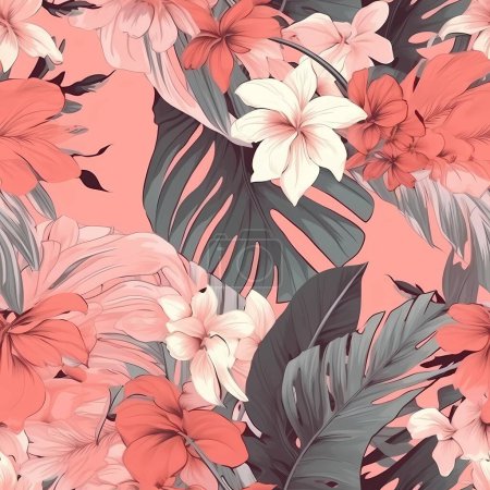 Vibrant tropical pattern of palm leaves and flowers on a pink background, evoking a sense of exotic paradise and lush foliage.