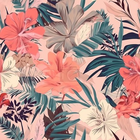 Lebendiges tropisches Muster mit Palmblättern und Blüten auf rosa Hintergrund, das ein Gefühl von exotischem Paradies und üppigem Laub hervorruft.