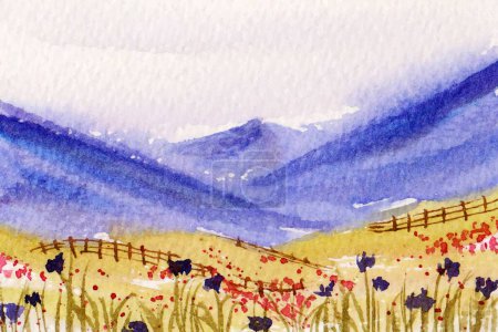 Ilustración de Paisaje con flores y montañas acuarela pintura fondo - Imagen libre de derechos