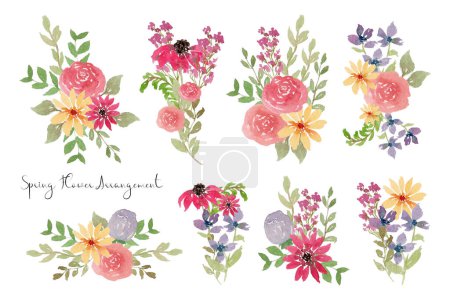 Illustration for Cute hand painted summer flower and leaf arrangement watercolor collection - Royalty Free Image