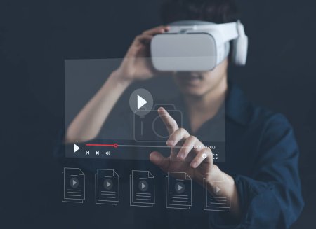 Photo for Business people use vr to watch online live streaming on virtual monitors connection technology concept digital multimedia player internet video content movie entertainment business - Royalty Free Image