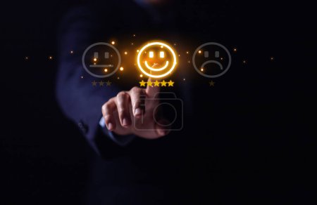 Photo for Positive customer reviews touch the happiness icon and a five-star smiley face. Satisfaction survey concept, opinions, customer service The best response from the user experience of the prod - Royalty Free Image