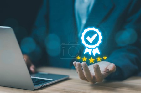 Photo for Quality control, certificate standard iso digital technology. concept service best certification industrial. service system business, satisfaction customers in the quality guarantee process. - Royalty Free Image