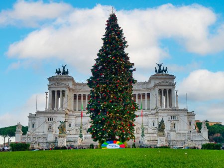 Photo for Rome, Italy - December 2021: Crhistmas or xmas tree on Venezia Square in Rome in front of Altar of the Fatherland city center for holiday - Royalty Free Image