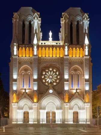 Basilique Notre-Dame de l Assomption church at night in Nice, France.