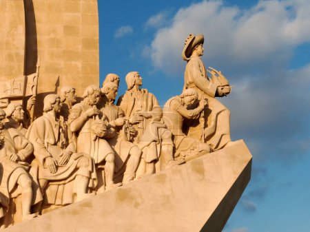 Close-up view of the Discoveries Monument in Lisbon, Portugal on the bank of the Tagus River estuary, in Lisbon, Portugal. The monument celebrates the Portuguese Age of Discovery during the 15th and 16th centuries
