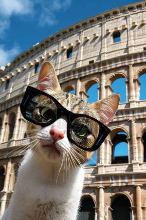 Photo for Furry cat with sunglasses in Rome and Coloseum in background - Royalty Free Image
