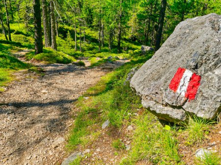 Téléchargez les photos : Painted red and white stripes on stone as a sign of directions navigation for tourists or people hiking and trekking, guideposts in the mountains peak for walking people not to be lost, marked signs - en image libre de droit
