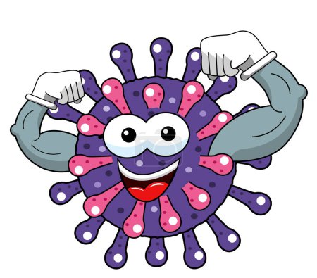 Foto de Dibujos animados mascota carácter virus o bacteria que muestra músculos bíceps fuerte aislado vector ilustración - Imagen libre de derechos