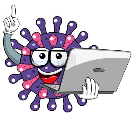 Foto de Caricatura mascota carácter virus o bacteria celebración portátil o portátil ordenador aislado vector ilustración - Imagen libre de derechos