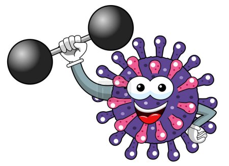 Foto de Caricatura mascota carácter virus o bacteria levantador de pesas potente fuerza aislado vector ilustración - Imagen libre de derechos