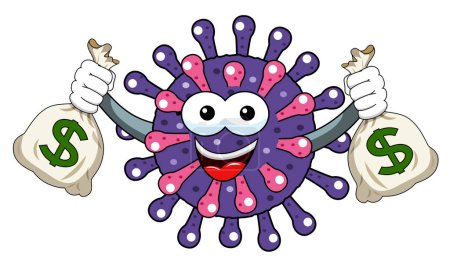 Mascotte de dessin animé personnage virus ou bactérie tenant sac d'argent illustration vectorielle isolée