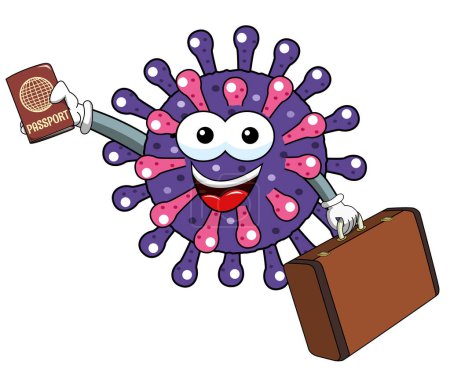 Foto de Dibujos animados mascota virus de carácter o bacteria viajar en posesión de pasaporte y el concepto de propagación maleta ilustración vector aislado - Imagen libre de derechos