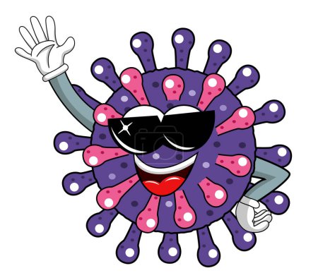 Cartoon mascot character virus or bacterium wearing sunglasses vey cool and fashionable isolated vector illustration