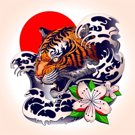 Téléchargez les photos : Tiger tatouage design avec style décoratif japonais. Illustration vectorielle - en image libre de droit