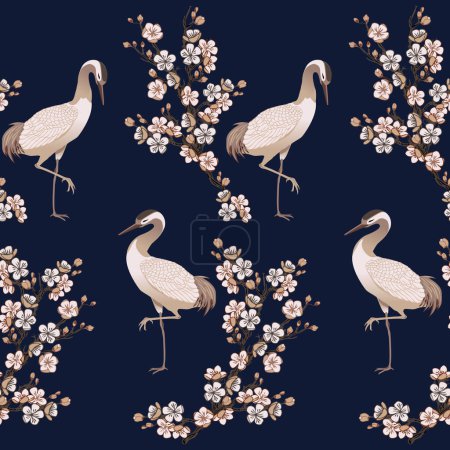 Téléchargez les photos : Oiseau héron et illustration vectorielle cerise japonaise, motif fond bleu sans couture - en image libre de droit