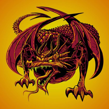 Téléchargez les photos : Dragon au soleil. illustration vectorielle de dragon. seulement 5 couleurs, rage du dragon. - en image libre de droit