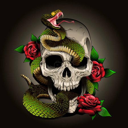 Téléchargez les photos : Serpent crâne et roses. Illustration vectorielle. style de gravure - en image libre de droit