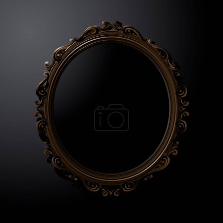 Téléchargez les photos : Miroir noir. Miroir sombre. Illustration d'un cadre ovale en or sur fond noir avec espace de copie - en image libre de droit