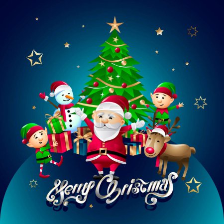 Téléchargez les photos : Carte de Noël avec Père Noël claus, elfes, rennes et bonhomme de neige sur un arbre de Noël - en image libre de droit