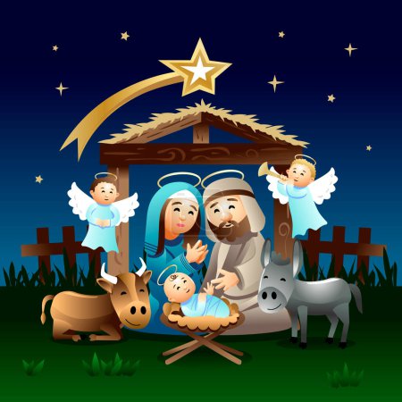 Téléchargez les photos : Scène de la Nativité avec Marie, Joseph, Jésus et l'enfant Jésus. Illustration vectorielle - en image libre de droit