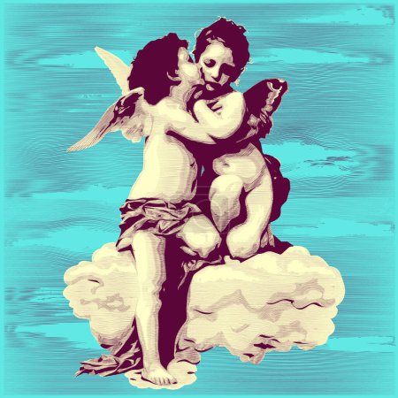 Téléchargez les illustrations : Baiser de Cupidon. Cupidon et ange. Illustration vectorielle d'un baiser d'enfant, texture gravée, style vintage - en licence libre de droit