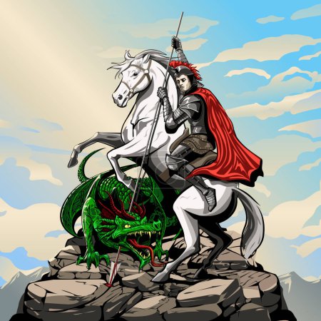 Ilustración de Vector mano dibujado st. día de George. Ilustración de caballero a caballo en la cima de la montaña. Peleando con el dragón. San Jorge y el Dragón. - Imagen libre de derechos