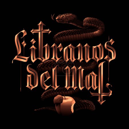 deliver us from evil, golden lettering with snake with Edens apple, vector art illustration.
