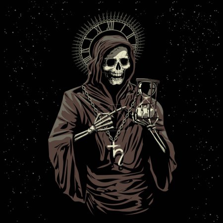 the time as come. grim reaper illustration, saturn, cronos god, hourglass.
